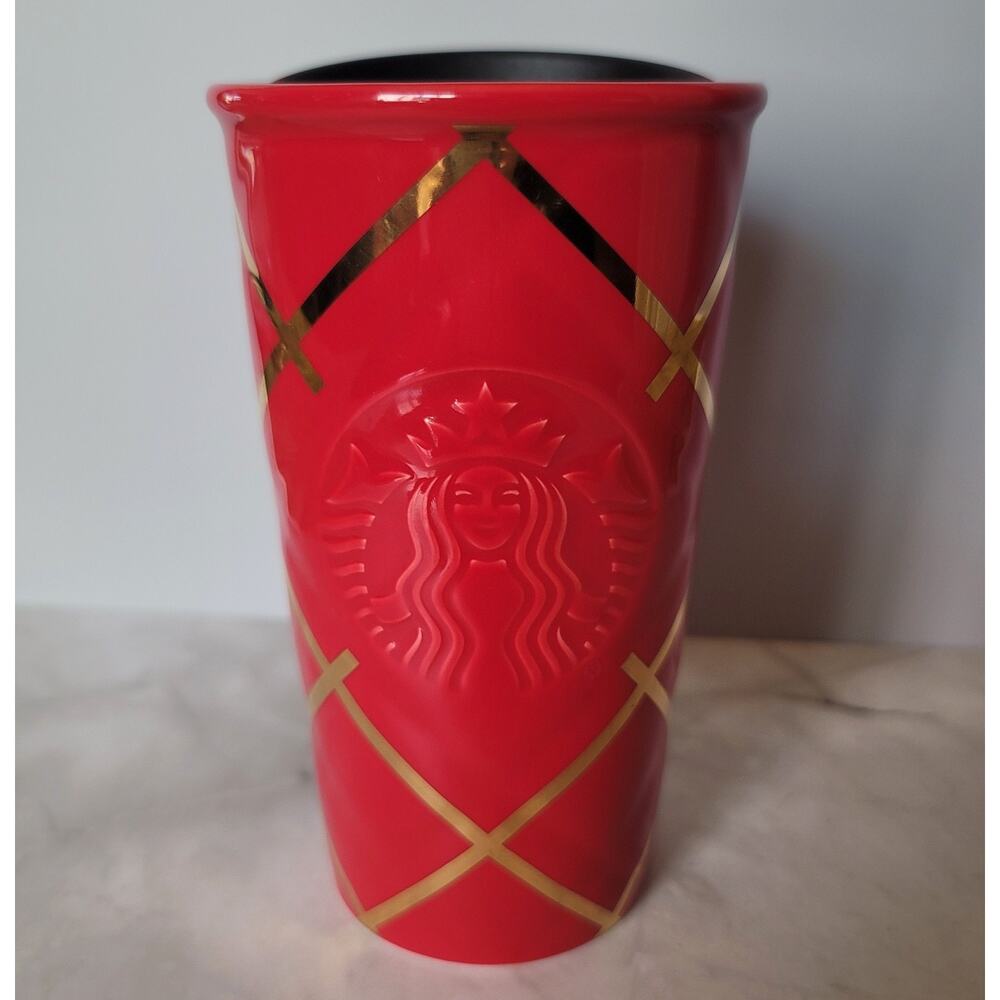 Starbucks 2016 Red & Gold Quilted Siren Ceramic Coffee Tumbler Travel Mug & Lid